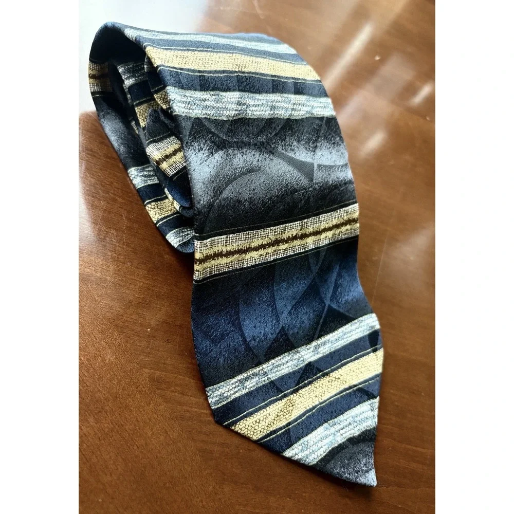Vintage Honors Men's Tie Blue Gold Gray Abstract Striped Woven Silk 90s Retro